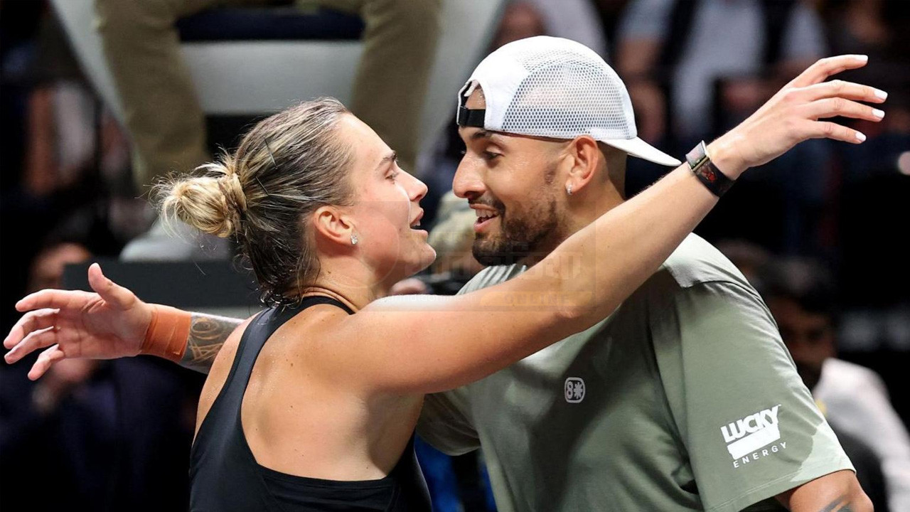 Sabalenka and Kyrgios during Battle of the Sexes exhibition match
